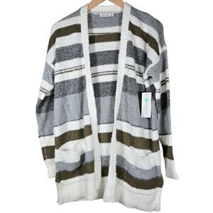 Pink Clover Stitch Fix Striped Eyelash Knit Open Front Cardigan Gray‎ Olive S